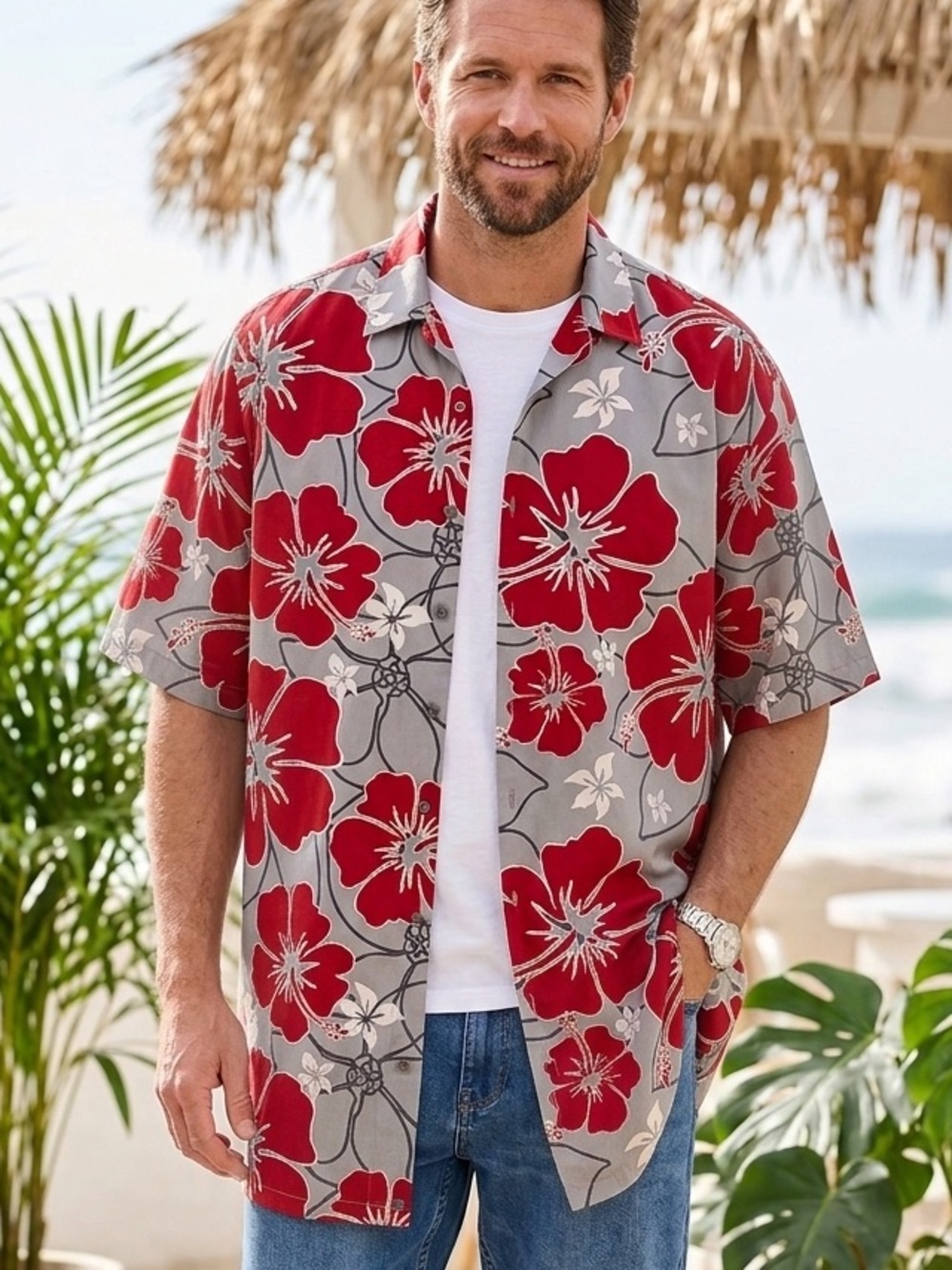 Street Culture Vintage Men’s L Hawaiian shirt Gray Red Hibiscus Point Collar